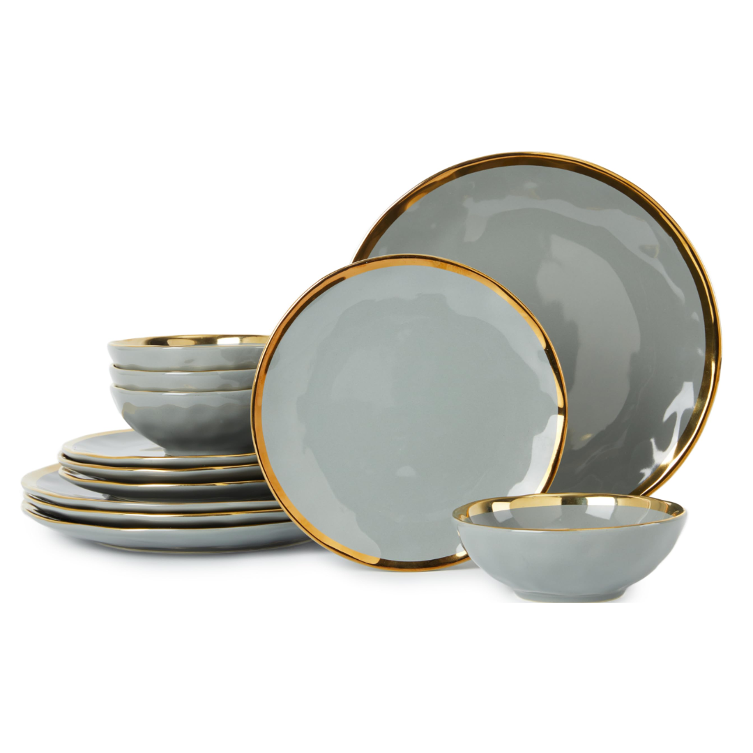 ceramic teal dinner set with gold lining