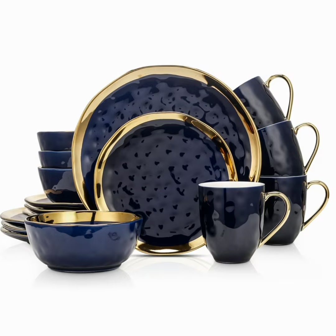 ceramic dark blue dinner set with gold trimming