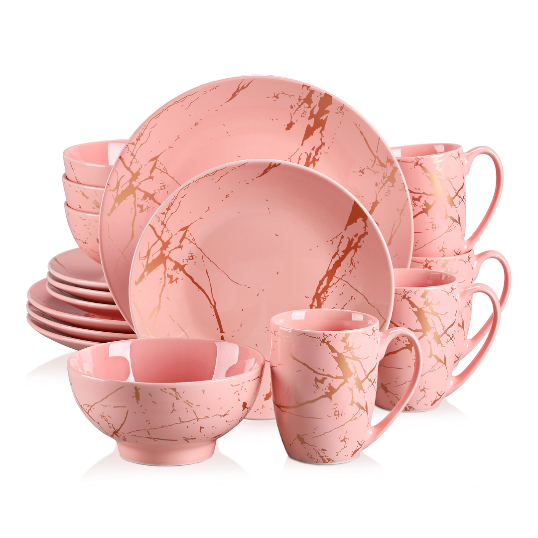 Pink ceramic dinner set with marbled design